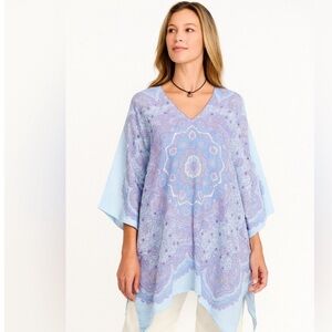 J. MCLAUGHLIN Redondo Linen Poncho Blue Purple Block Print Caftan Small
